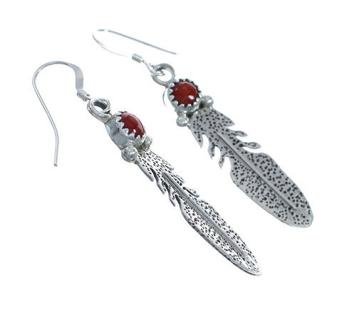 Navajo Coral Sterling Silver Feather Hook Dangle Earrings X10068